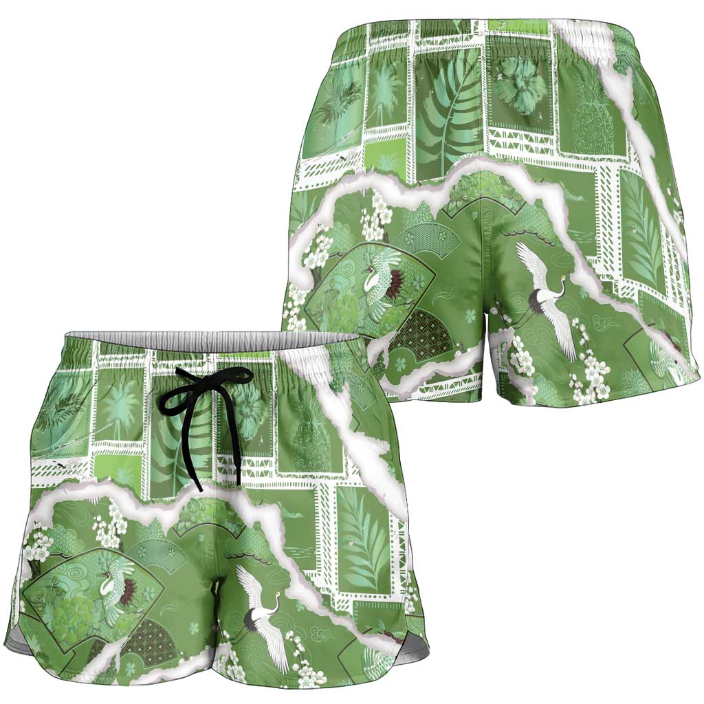 Hawaii Japanese Culture Sage Green Shorts for Women Spring Cranes Aloha Pattern