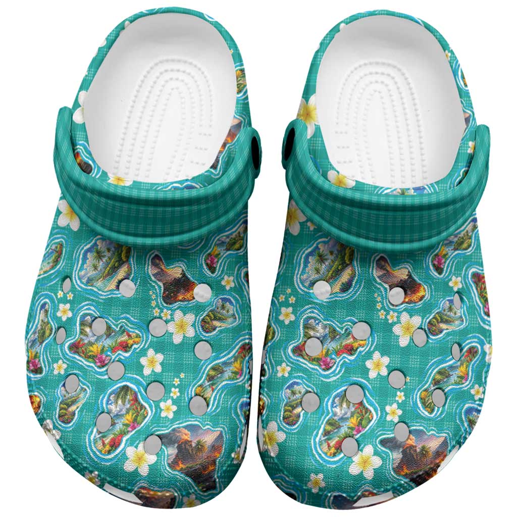 Hawaii Map with Plumeria Flower and Palaka Pattern Clogs Shoes Tropical Island Teal Design