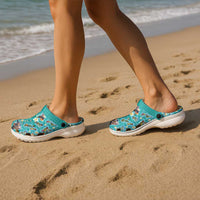 Hawaii Map with Plumeria Flower and Palaka Pattern Clogs Shoes Tropical Island Teal Design