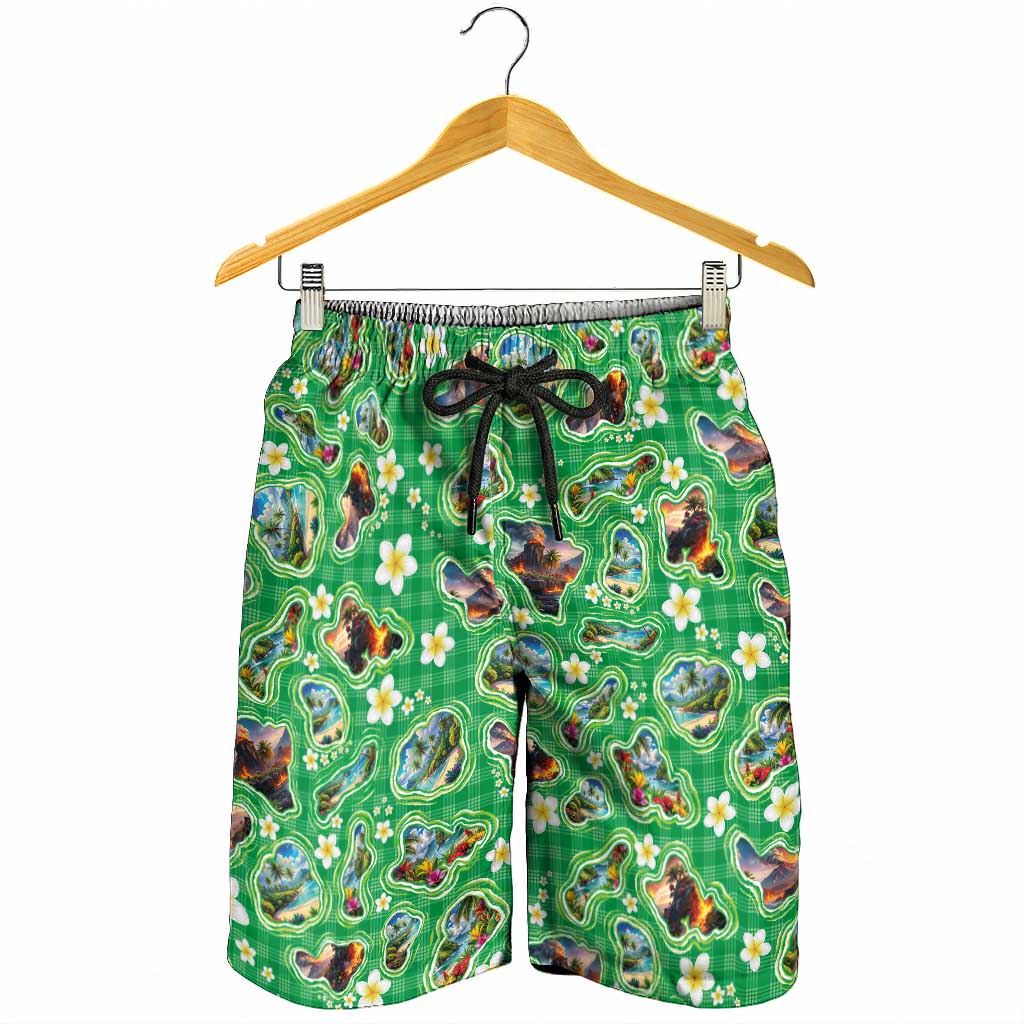 Hawaii Map with Plumeria Flower and Palaka Pattern Shorts for Men Tropical Island Green Design