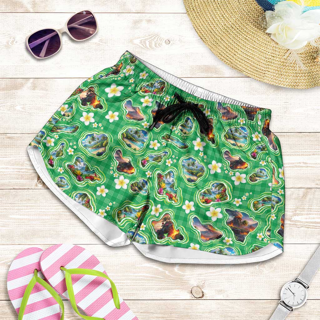 Hawaii Map with Plumeria Flower and Palaka Pattern Shorts for Women Tropical Island Green Design LT03 Green - Polynesian Pride