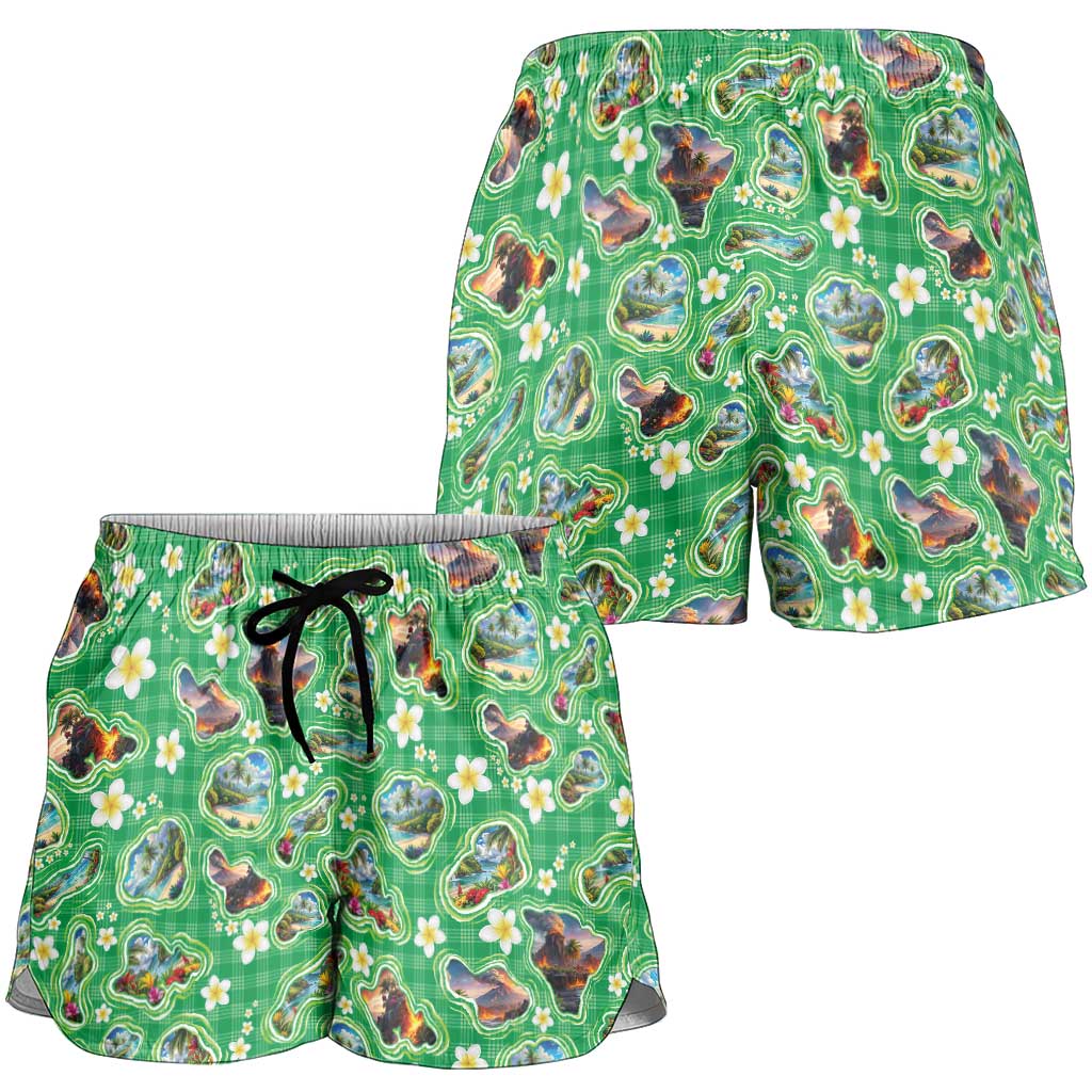 Hawaii Map with Plumeria Flower and Palaka Pattern Shorts for Women Tropical Island Green Design LT03 - Polynesian Pride
