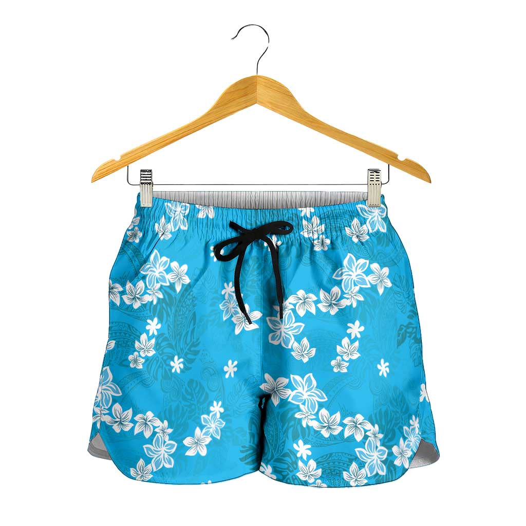 Hawaii Monstera Deliciosa Shorts for Women Blue Plumeria Polynesian Pattern - Polynesian Pride