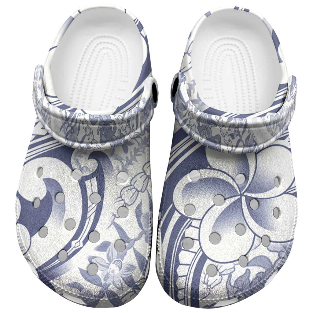 Hawaii Plumeria Lokelani Pikake Lei Clogs Shoes Navy Blue Polynesian Tattoo