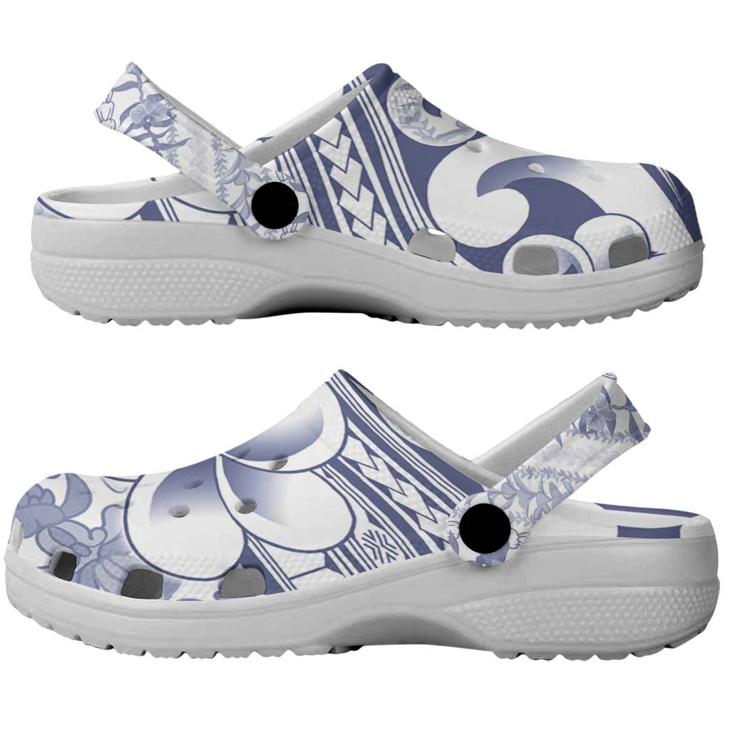 Hawaii Plumeria Lokelani Pikake Lei Clogs Shoes Navy Blue Polynesian Tattoo