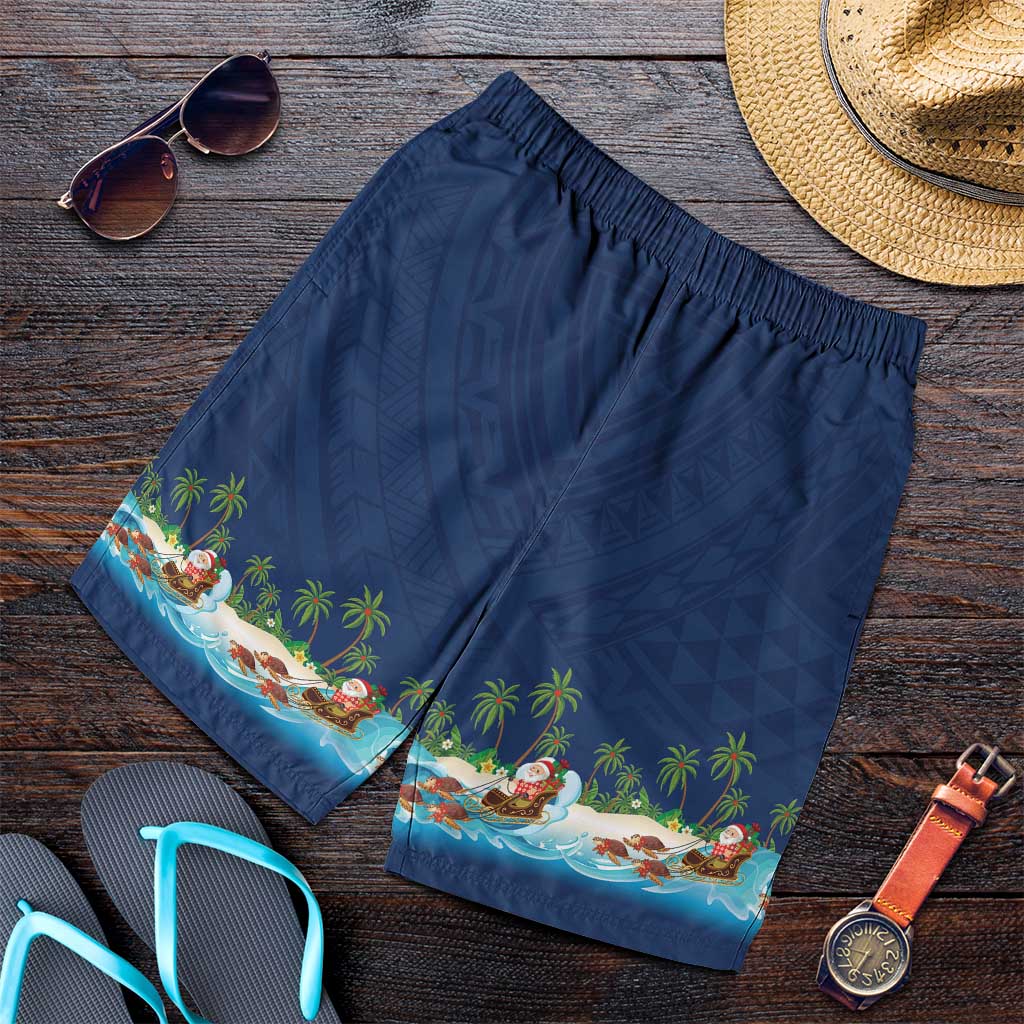 Hawaii Santa Riding Sea Turtle Shorts for Men Mele Kalikimaka Polynesian Pattern LT01 Blue - Polynesian Pride