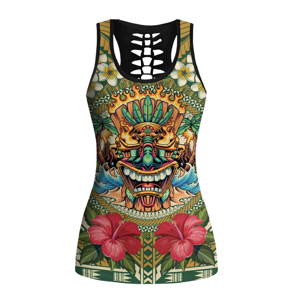 Hawaii Tiki Mask Personalized Hollow Tank Top Mele Kalikimaka i Iulai! LT9 Female Green - Polynesian Pride