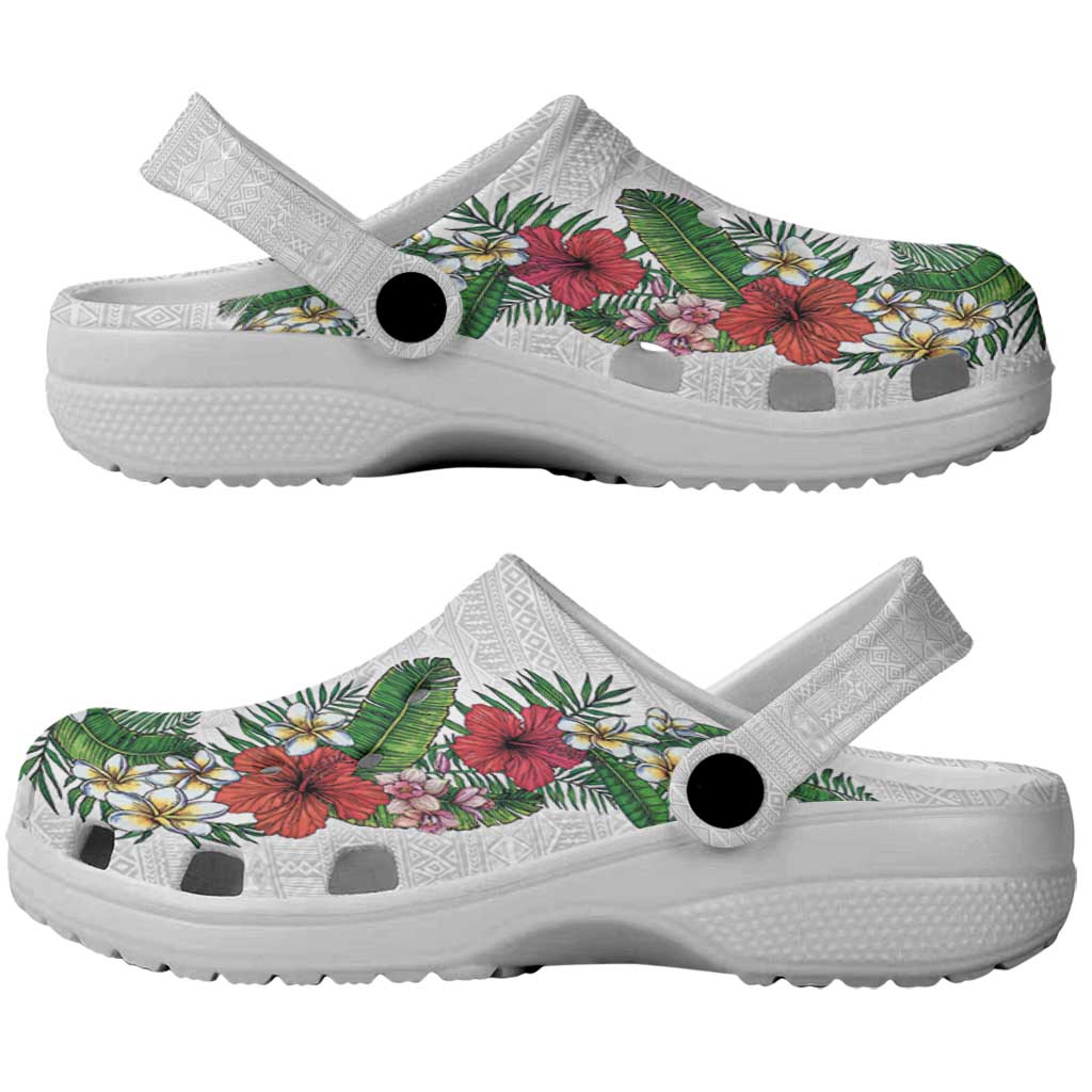Hawaii Tropical Flowers and Leaves Clogs Shoes Tapa Pattern White Mode