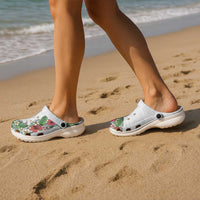 Hawaii Tropical Flowers and Leaves Clogs Shoes Tapa Pattern White Mode