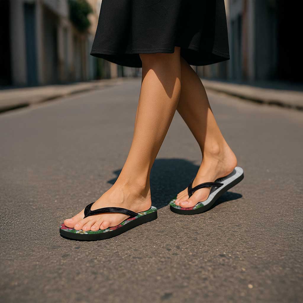 Hawaii Tropical Flowers and Leaves Flip Flops Tapa Pattern White Mode