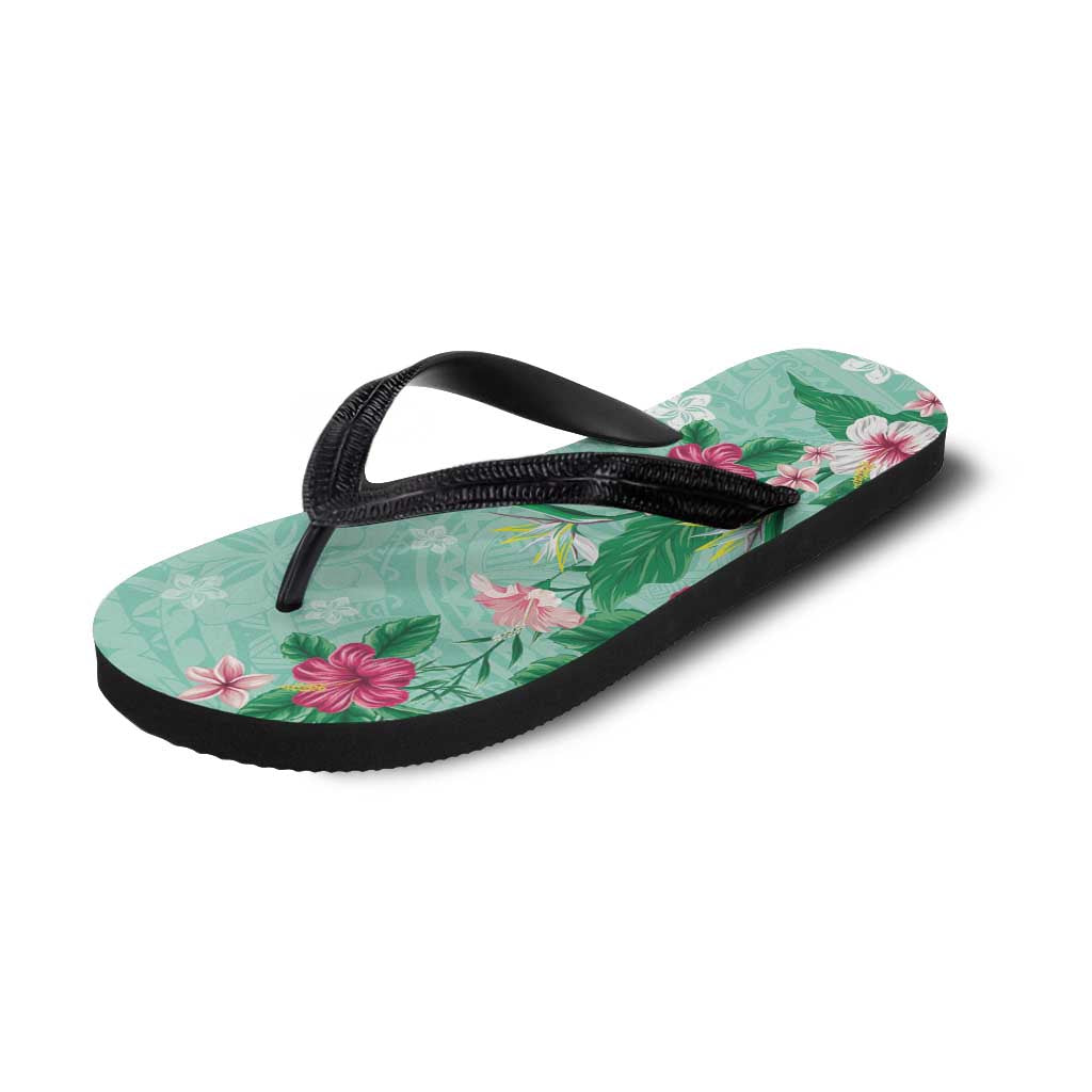 Hawaii Tropical Flowers Flip Flops Polynesian Tattoo Mint Green