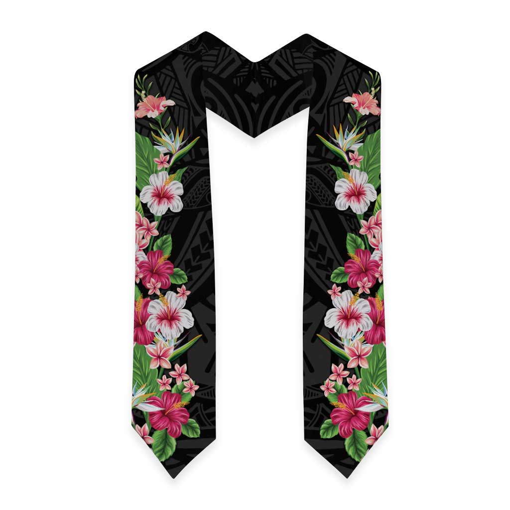 Hawaii Tropical Flowers Graduation Stole Black Polynesian Tattoo Art LT05 - Polynesian Pride