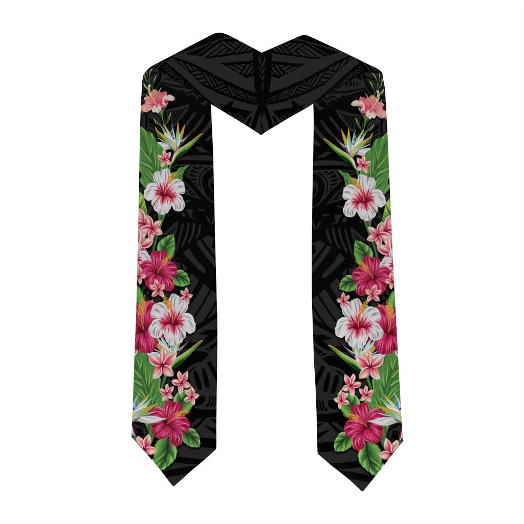 Hawaii Tropical Flowers Graduation Stole Black Polynesian Tattoo Art LT05 - Polynesian Pride