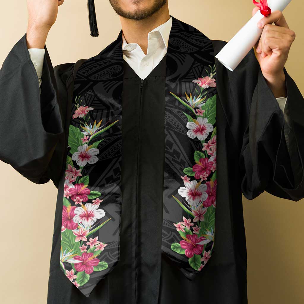 Hawaii Tropical Flowers Graduation Stole Black Polynesian Tattoo Art LT05 - Polynesian Pride