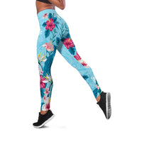 Hawaii Tropical Flowers Leggings Polynesian Tattoo Sky Blue LT05 Blue - Polynesian Pride
