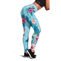 Hawaii Tropical Flowers Leggings Polynesian Tattoo Sky Blue LT05 - Polynesian Pride