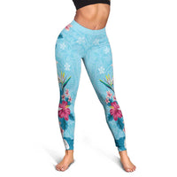 Hawaii Tropical Flowers Leggings Polynesian Tattoo Sky Blue LT05 - Polynesian Pride