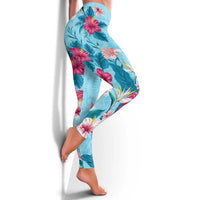 Hawaii Tropical Flowers Leggings Polynesian Tattoo Sky Blue LT05 - Polynesian Pride