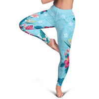 Hawaii Tropical Flowers Leggings Polynesian Tattoo Sky Blue LT05 - Polynesian Pride