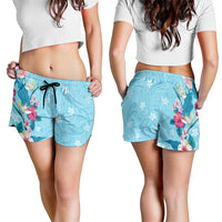 Hawaii Tropical Flowers Shorts for Women Polynesian Tattoo Sky Blue