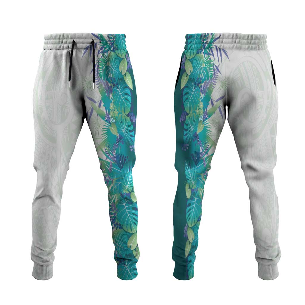 Hawaii Tropical Plant Teal Jogger Pants Vibrant Polynesian Pattern