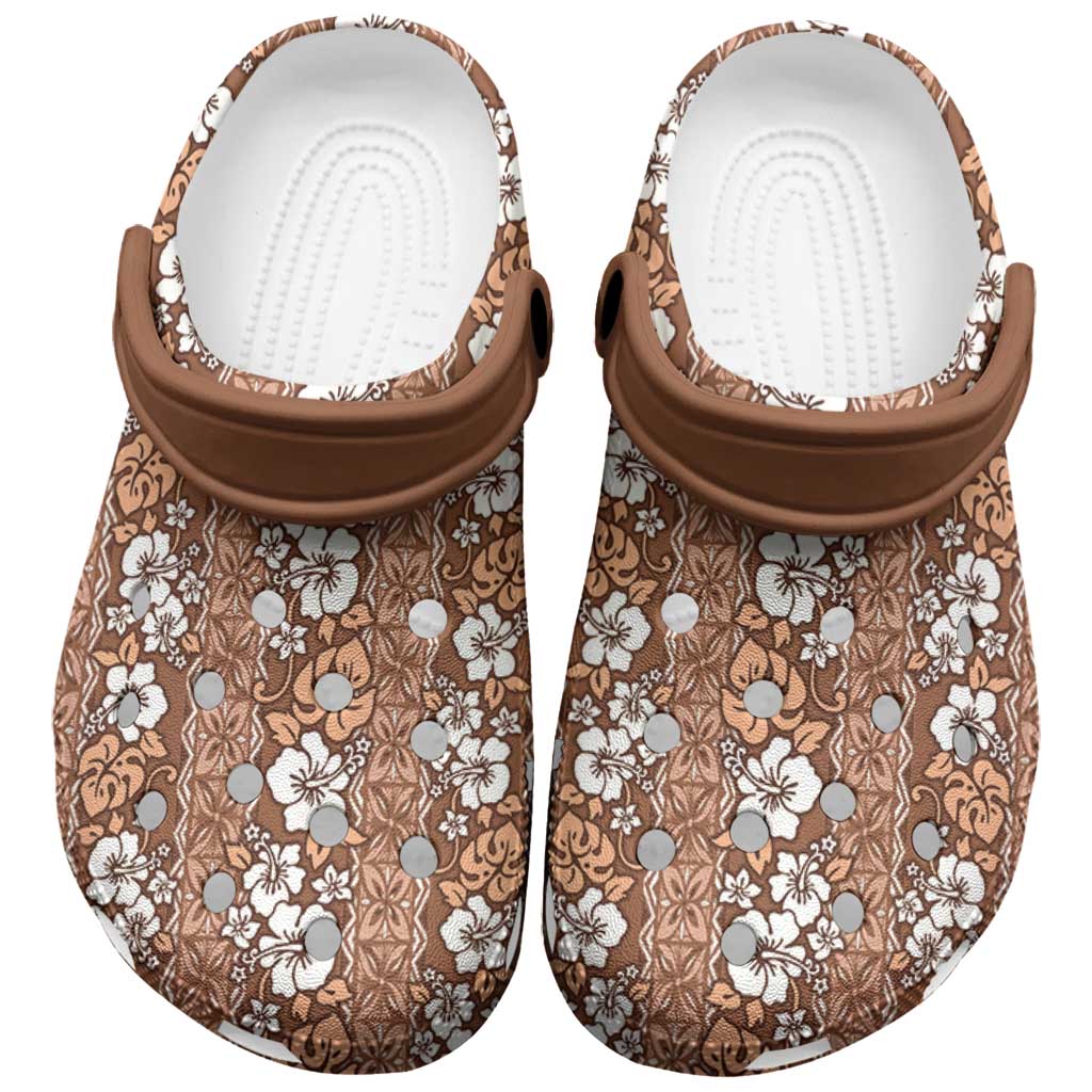 Hawaii Vintage Brown Hibiscus Tapa Pattern Clogs Shoes - Polynesian Pride