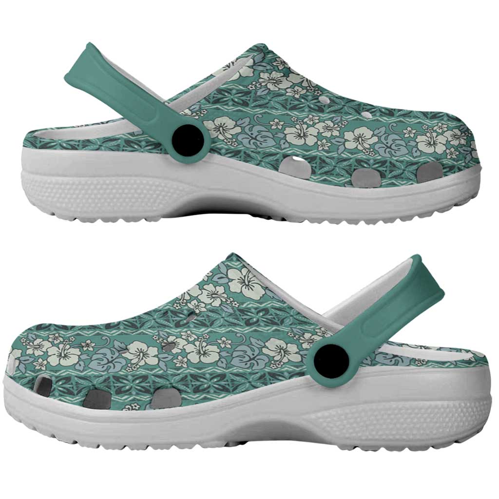 Hawaii Vintage Green Hibiscus Tapa Pattern Clogs Shoes - Polynesian Pride