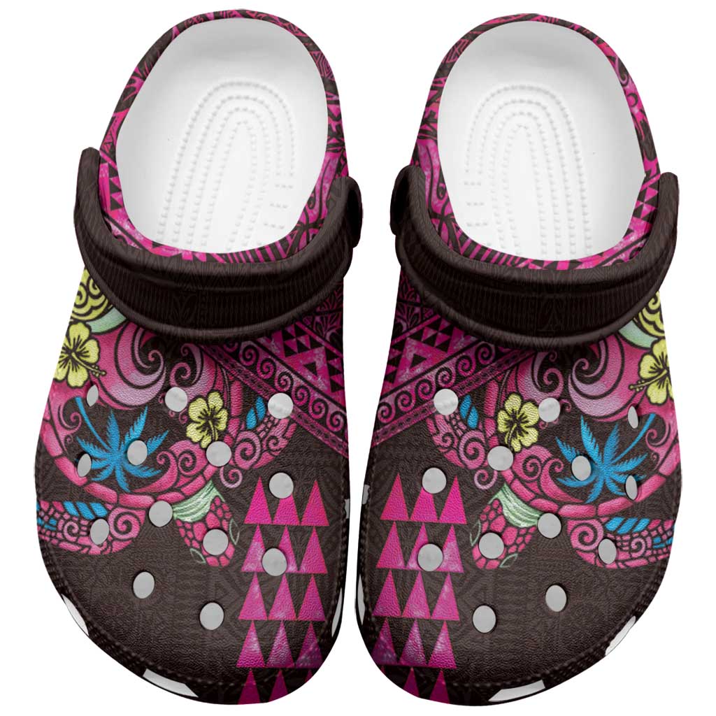 Hawaiian Abstract Sea Turtle Clogs Shoes Polynesian Tapa Art and Kakau Tattoo Pink WaterColor LT03 Black - Polynesian Pride