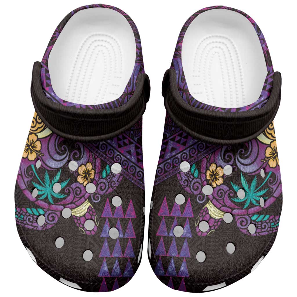 Hawaiian Abstract Sea Turtle Clogs Shoes Polynesian Tapa Art and Kakau Tattoo Purple WaterColor LT03 Black - Polynesian Pride