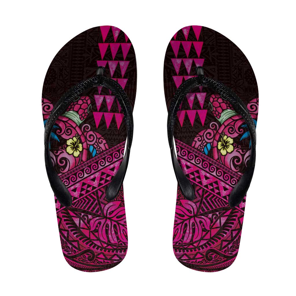 Hawaiian Abstract Sea Turtle Flip Flops Polynesian Tapa Art and Kakau Tattoo Pink WaterColor LT03 Black - Polynesian Pride