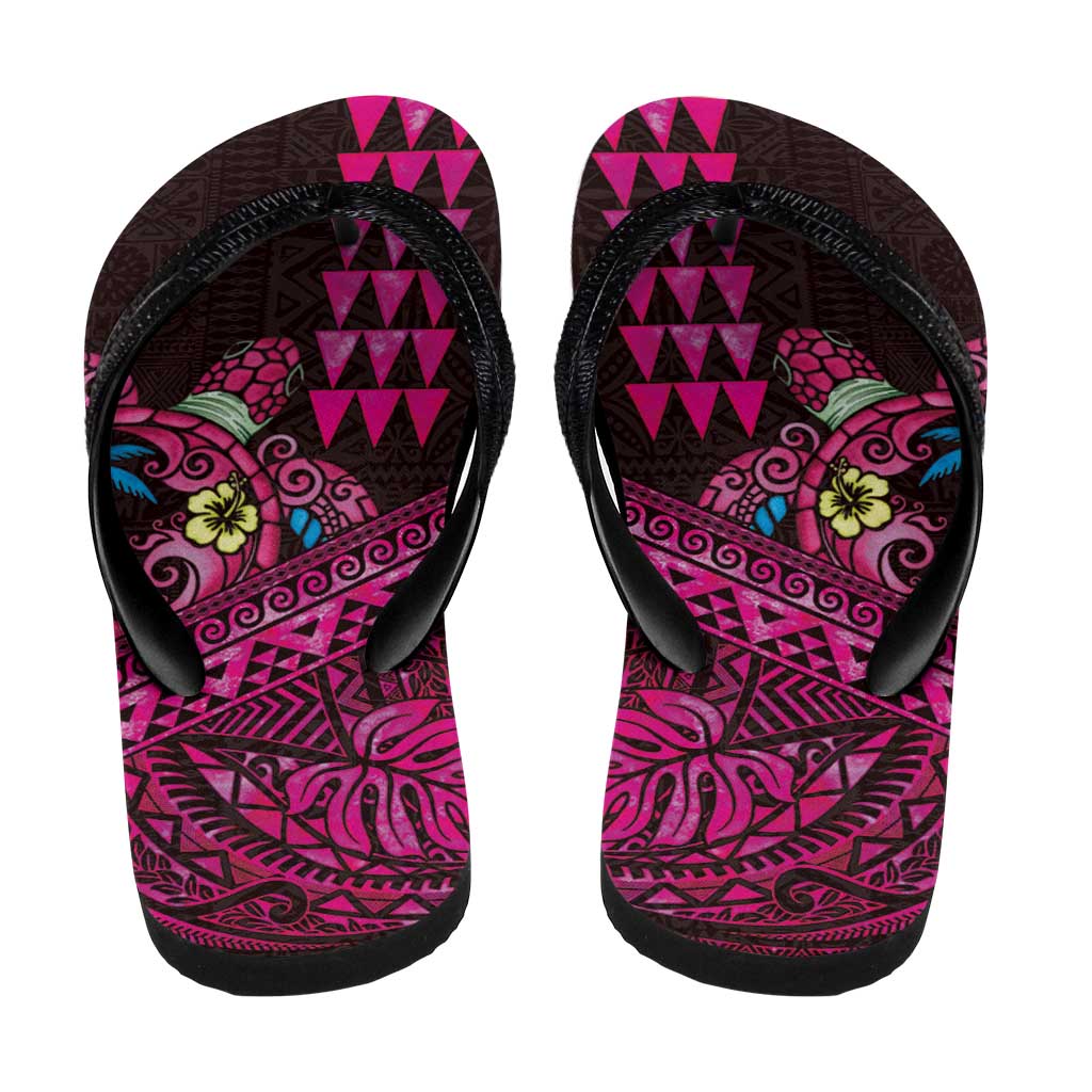 Hawaiian Abstract Sea Turtle Flip Flops Polynesian Tapa Art and Kakau Tattoo Pink WaterColor LT03 - Polynesian Pride