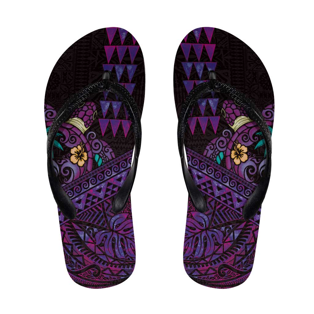 Hawaiian Abstract Sea Turtle Flip Flops Polynesian Tapa Art and Kakau Tattoo Purple WaterColor LT03 Black - Polynesian Pride