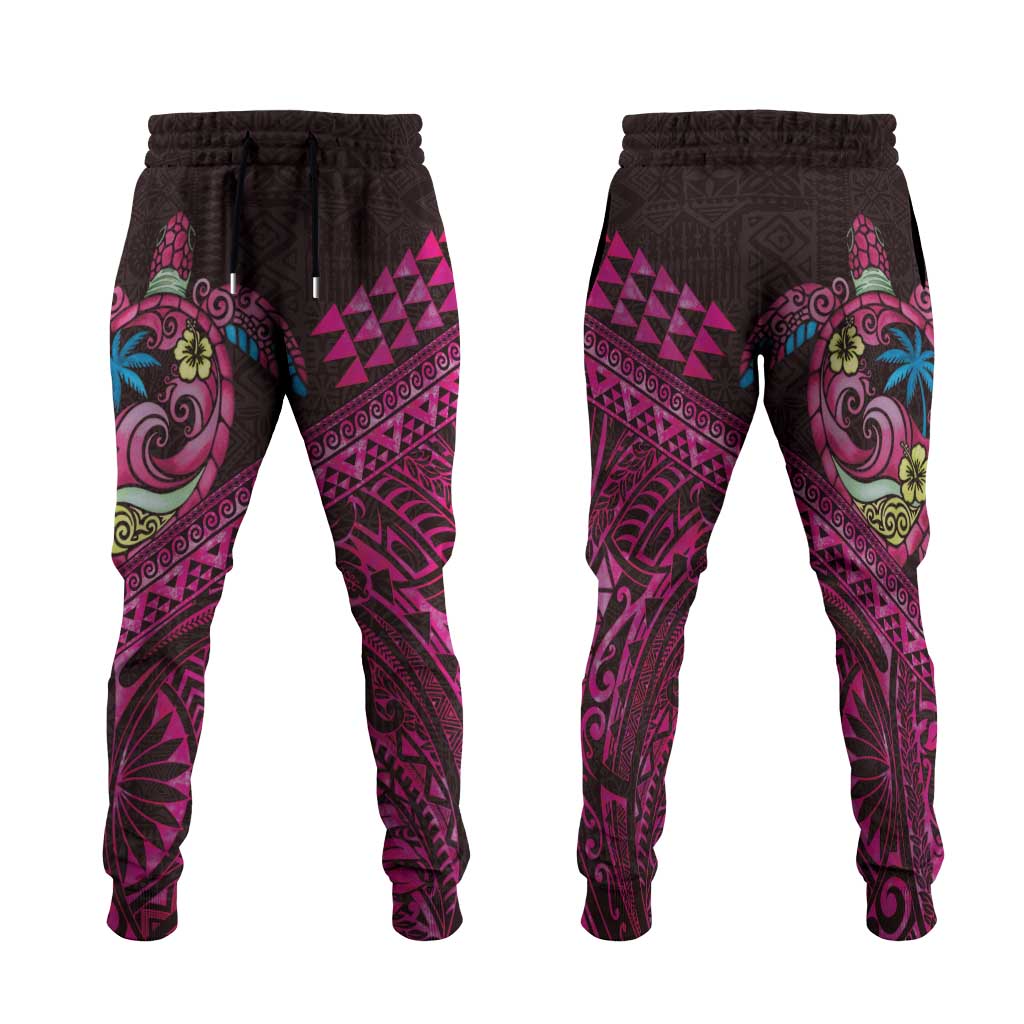 Hawaiian Abstract Sea Turtle Jogger Pants Polynesian Tapa Art and Kakau Tattoo Pink WaterColor LT03 Black - Polynesian Pride
