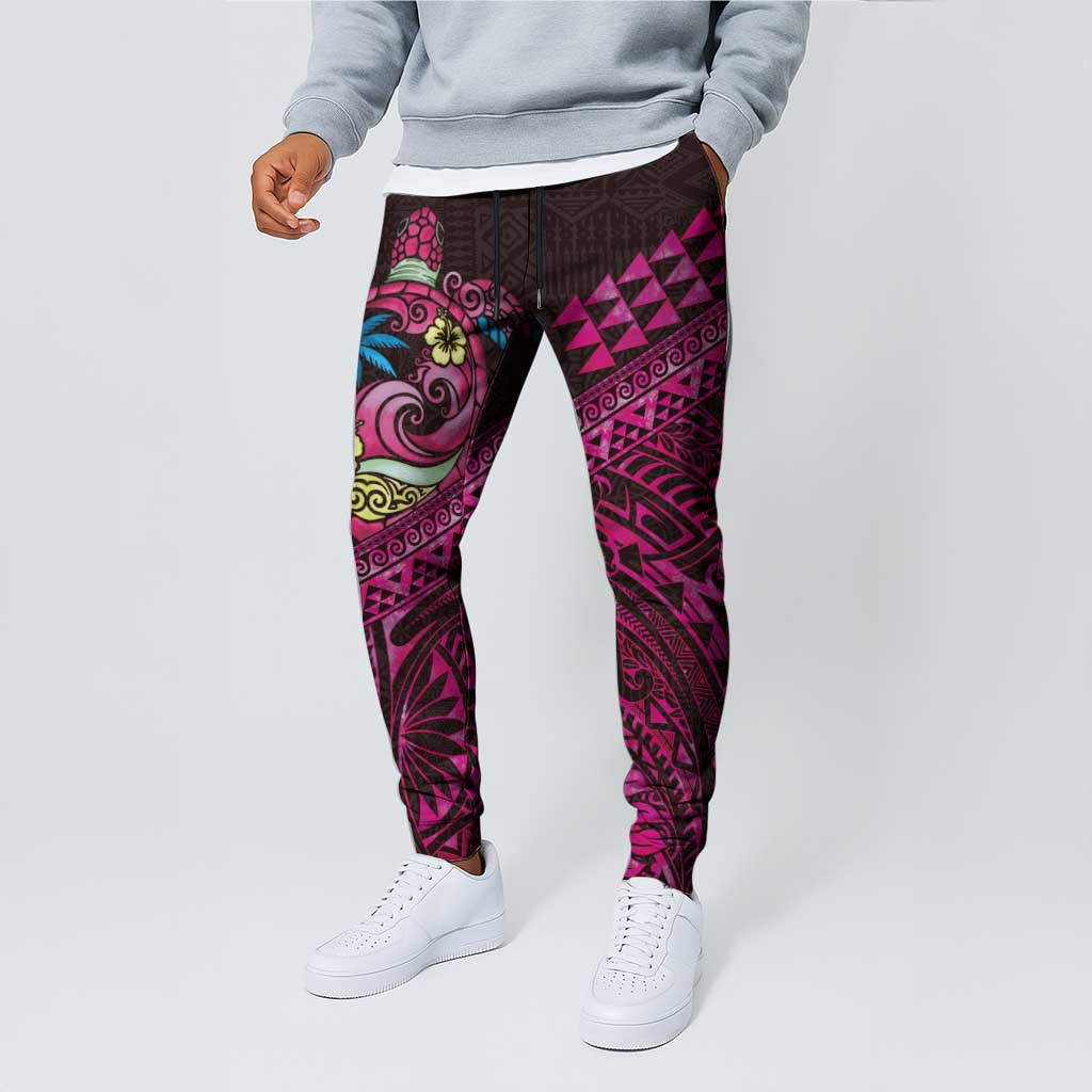 Hawaiian Abstract Sea Turtle Jogger Pants Polynesian Tapa Art and Kakau Tattoo Pink WaterColor LT03 - Polynesian Pride