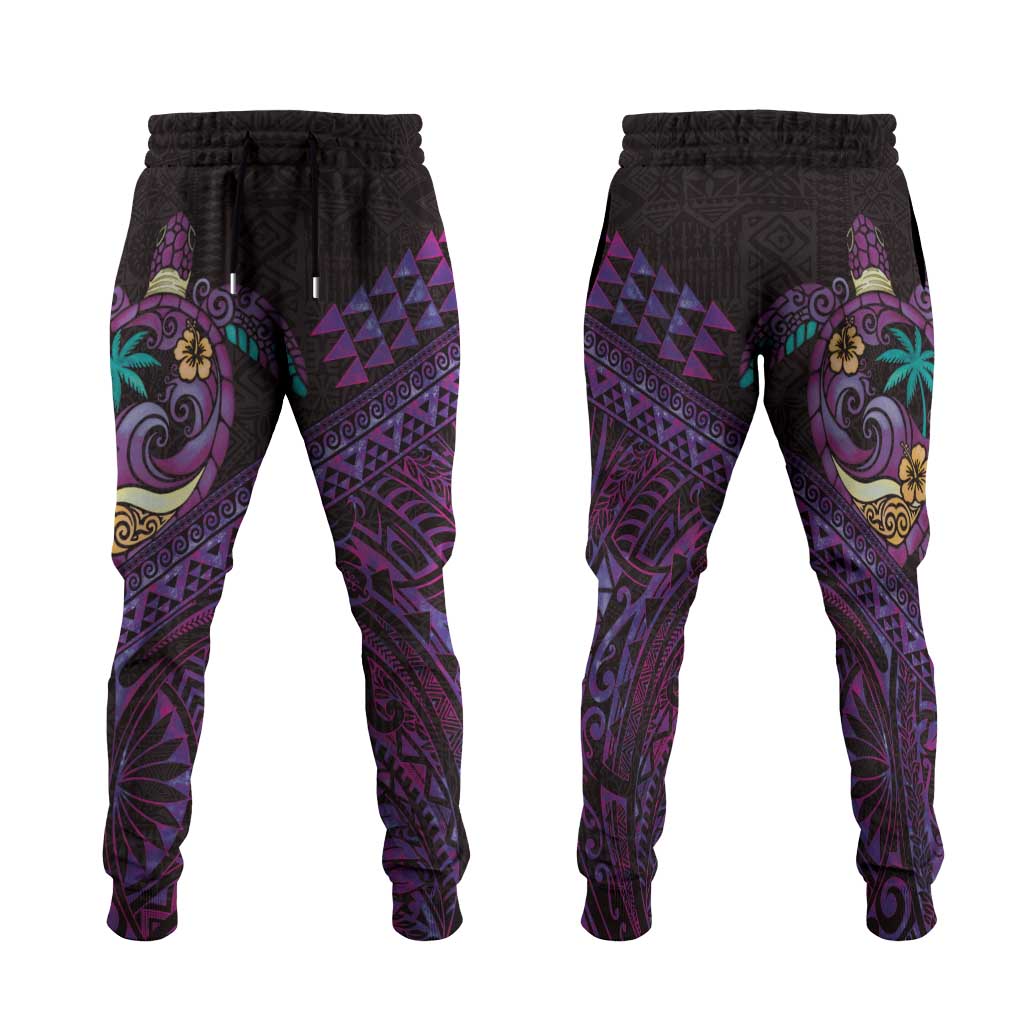 Hawaiian Abstract Sea Turtle Jogger Pants Polynesian Tapa Art and Kakau Tattoo Purple WaterColor LT03 Black - Polynesian Pride