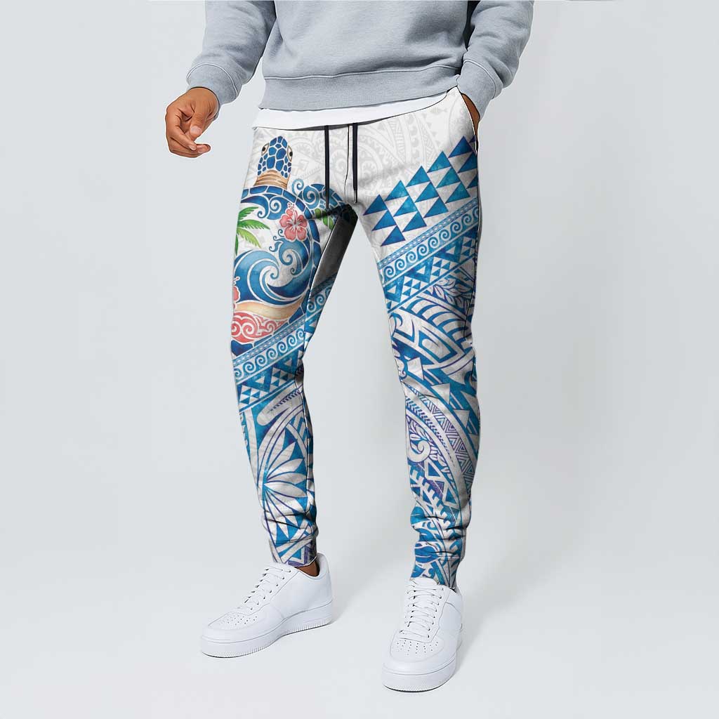 Hawaiian Abstract Sea Turtle Jogger Pants Polynesian Tapa Art and Kakau Tattoo White WaterColor LT03 - Polynesian Pride