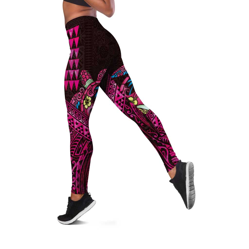 Hawaiian Abstract Sea Turtle Leggings Polynesian Tapa Art and Kakau Tattoo Pink WaterColor - Polynesian Pride