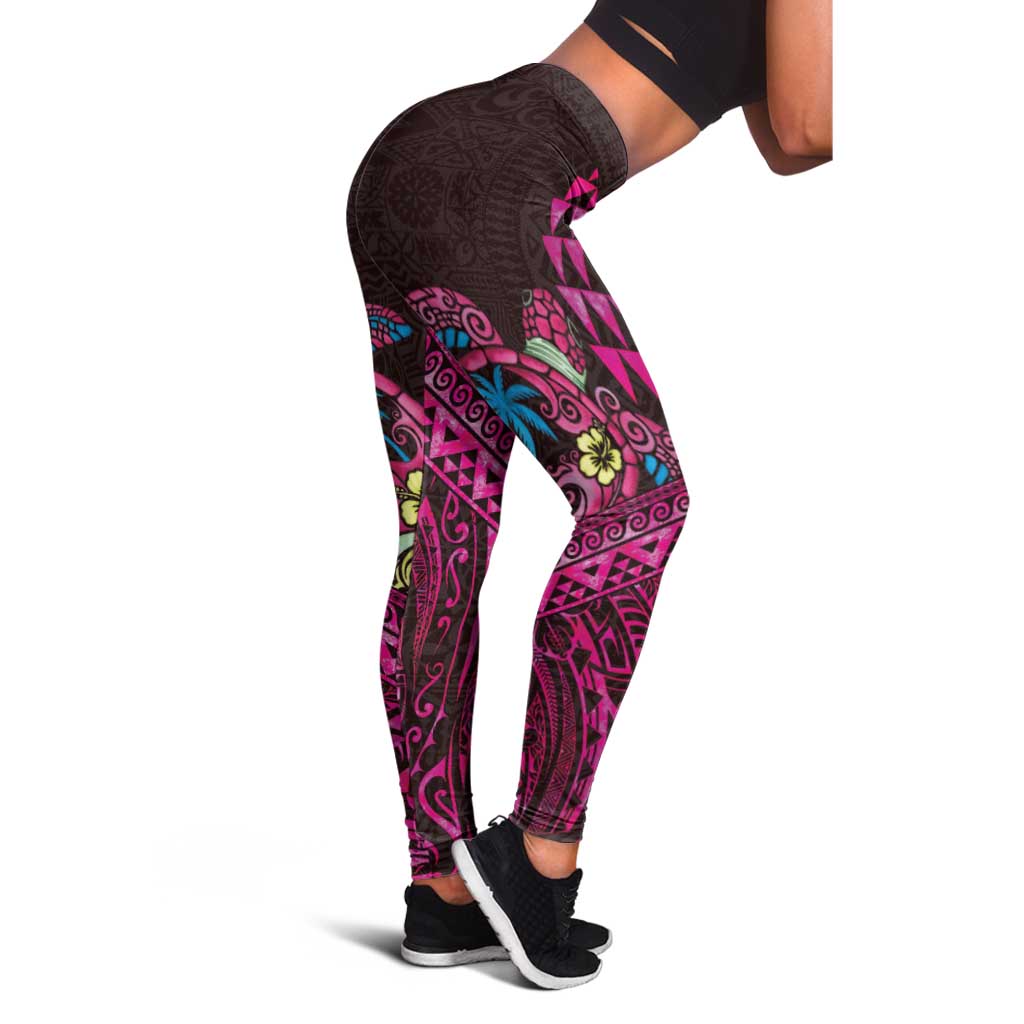 Hawaiian Abstract Sea Turtle Leggings Polynesian Tapa Art and Kakau Tattoo Pink WaterColor LT03 - Polynesian Pride