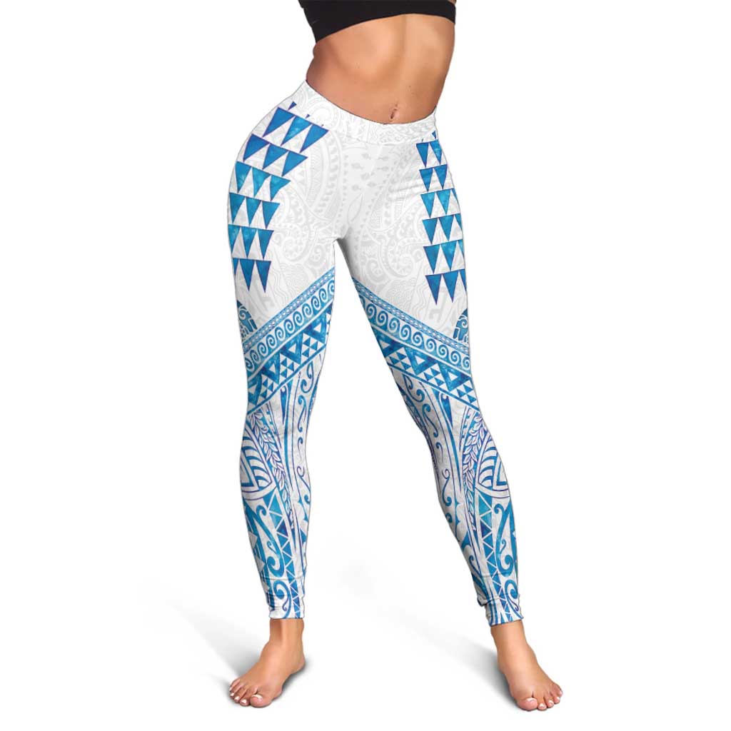 Hawaiian Abstract Sea Turtle Leggings Polynesian Tapa Art and Kakau Tattoo White WaterColor LT03 - Polynesian Pride