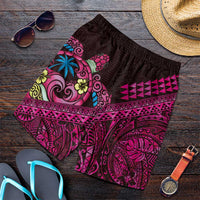Hawaiian Abstract Sea Turtle Shorts for Men Polynesian Tapa Art and Kakau Tattoo Pink WaterColor LT03 Black - Polynesian Pride