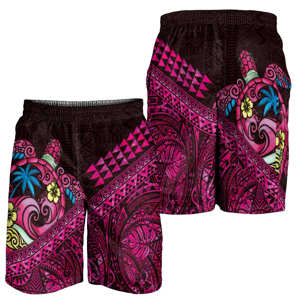 Hawaiian Abstract Sea Turtle Shorts for Men Polynesian Tapa Art and Kakau Tattoo Pink WaterColor LT03 - Polynesian Pride