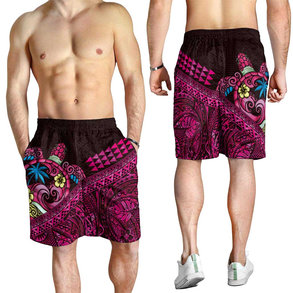 Hawaiian Abstract Sea Turtle Shorts for Men Polynesian Tapa Art and Kakau Tattoo Pink WaterColor LT03 - Polynesian Pride