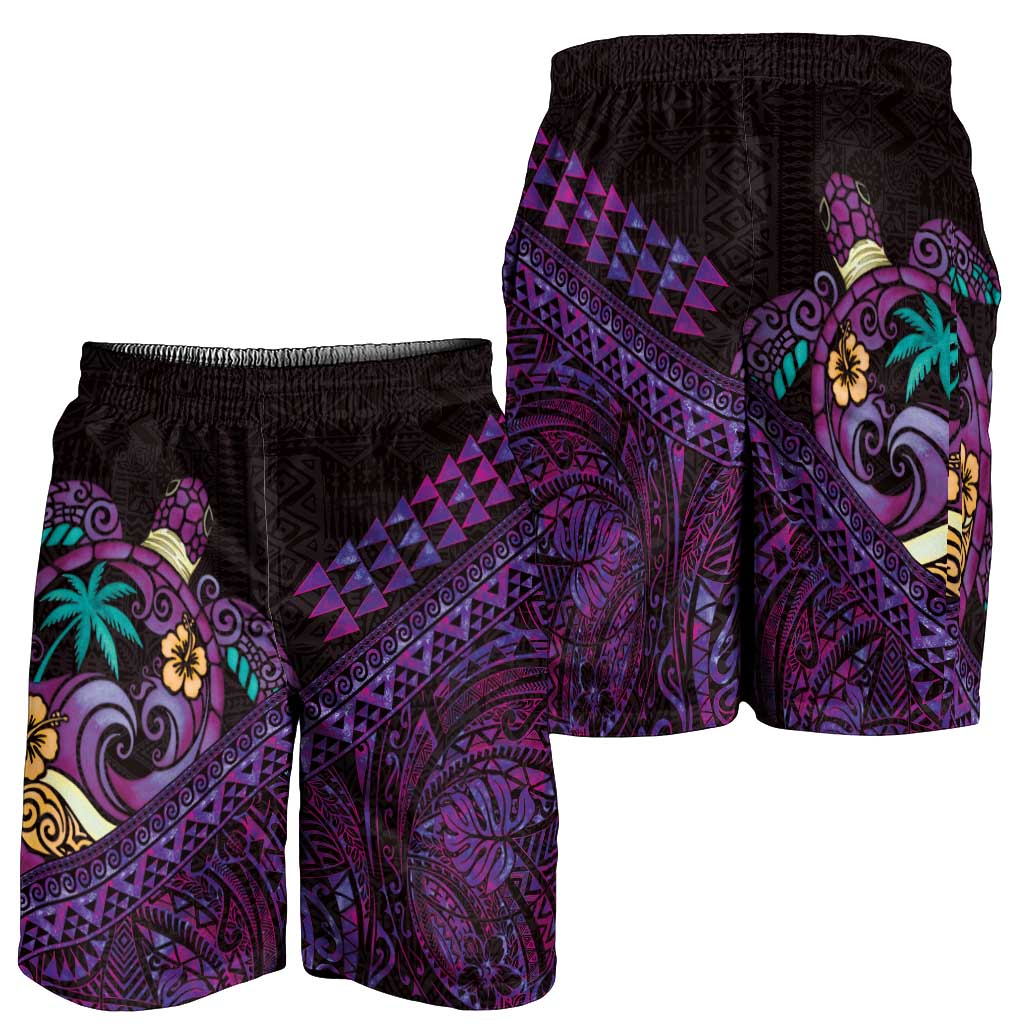 Hawaiian Abstract Sea Turtle Shorts for Men Polynesian Tapa Art and Kakau Tattoo Purple WaterColor LT03 - Polynesian Pride