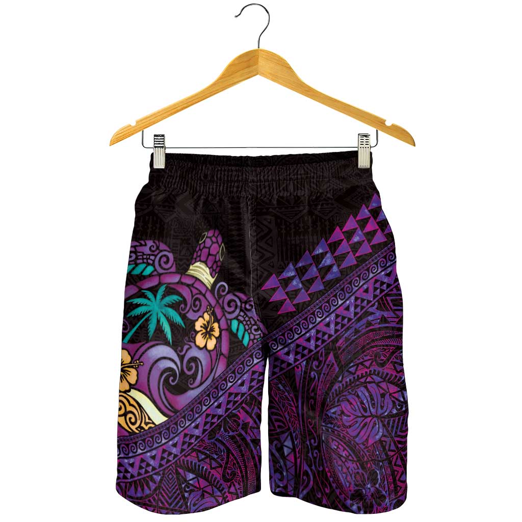 Hawaiian Abstract Sea Turtle Shorts for Men Polynesian Tapa Art and Kakau Tattoo Purple WaterColor LT03 - Polynesian Pride