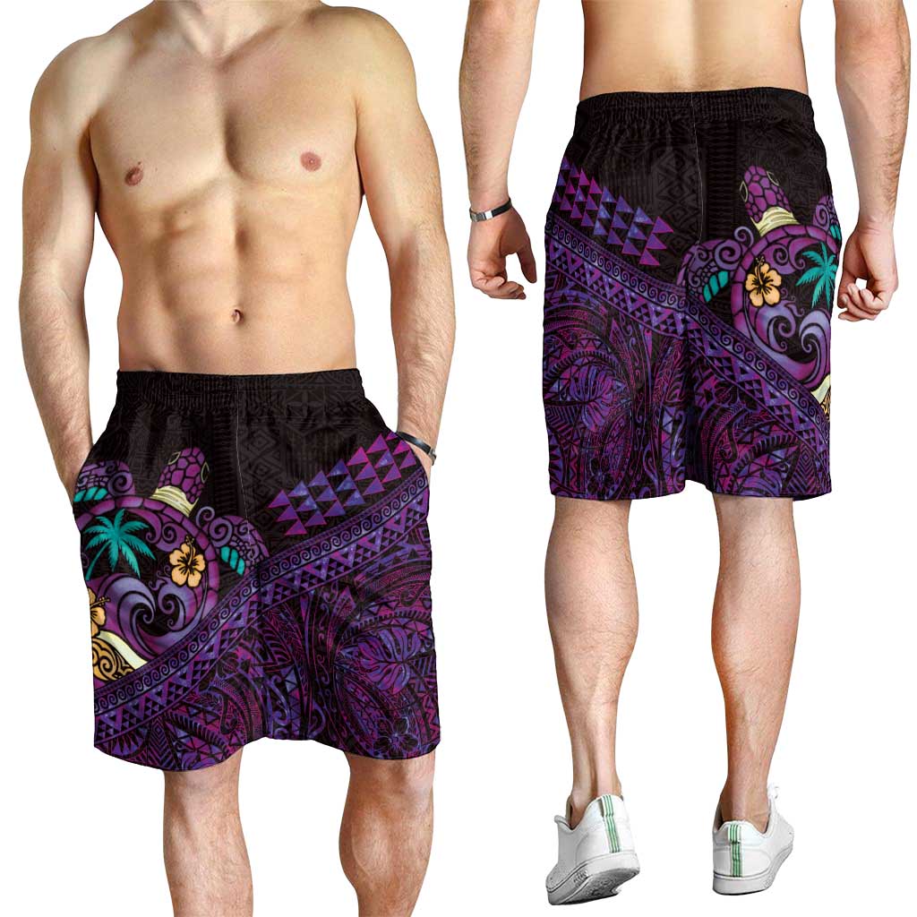 Hawaiian Abstract Sea Turtle Shorts for Men Polynesian Tapa Art and Kakau Tattoo Purple WaterColor LT03 - Polynesian Pride
