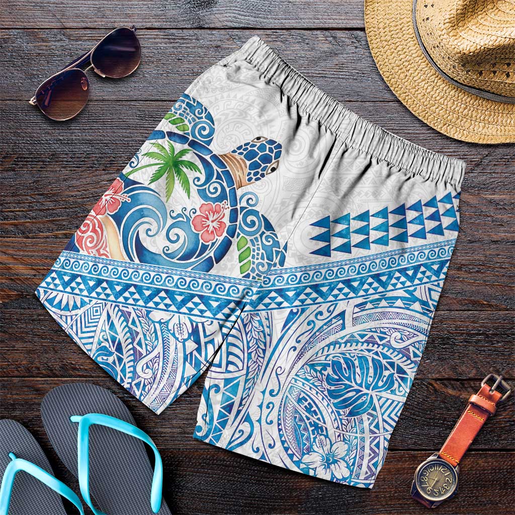 Hawaiian Abstract Sea Turtle Shorts for Men Polynesian Tapa Art and Kakau Tattoo White WaterColor LT03 White - Polynesian Pride