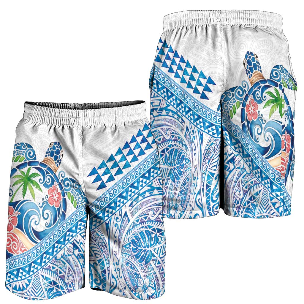 Hawaiian Abstract Sea Turtle Shorts for Men Polynesian Tapa Art and Kakau Tattoo White WaterColor LT03 - Polynesian Pride