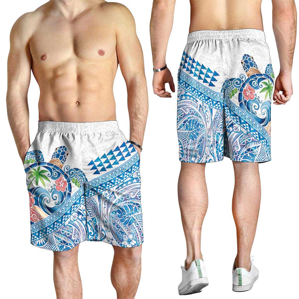 Hawaiian Abstract Sea Turtle Shorts for Men Polynesian Tapa Art and Kakau Tattoo White WaterColor LT03 - Polynesian Pride