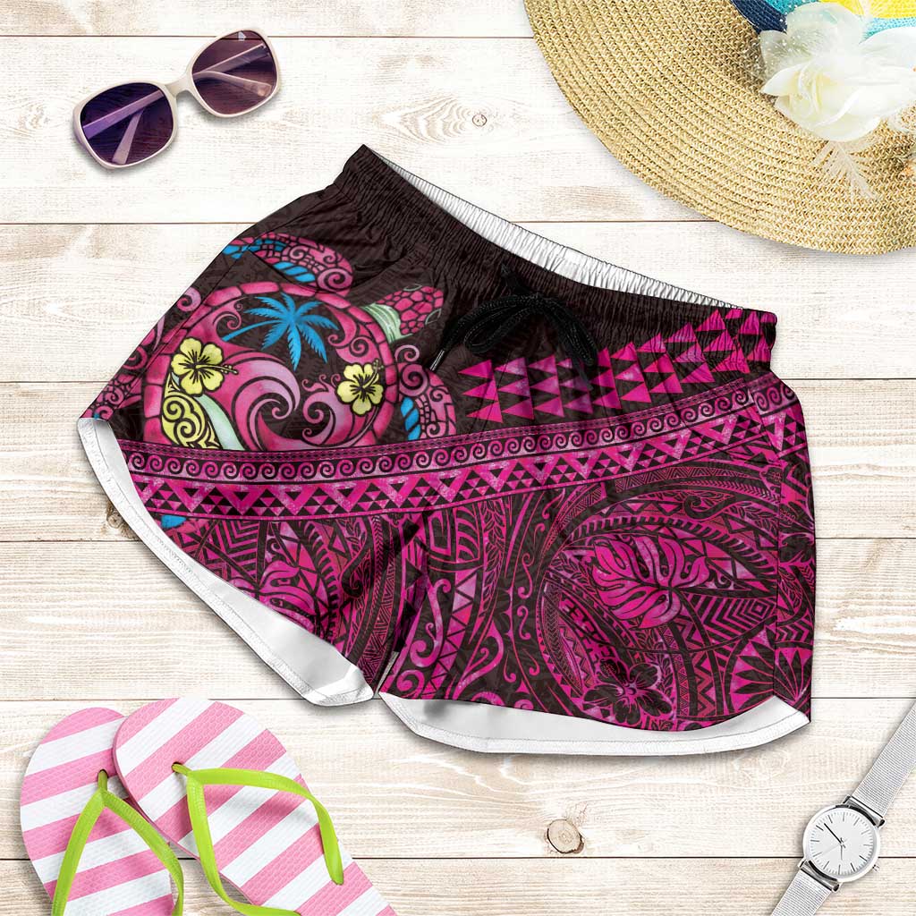 Hawaiian Abstract Sea Turtle Shorts for Women Polynesian Tapa Art and Kakau Tattoo Pink WaterColor LT03 Black - Polynesian Pride