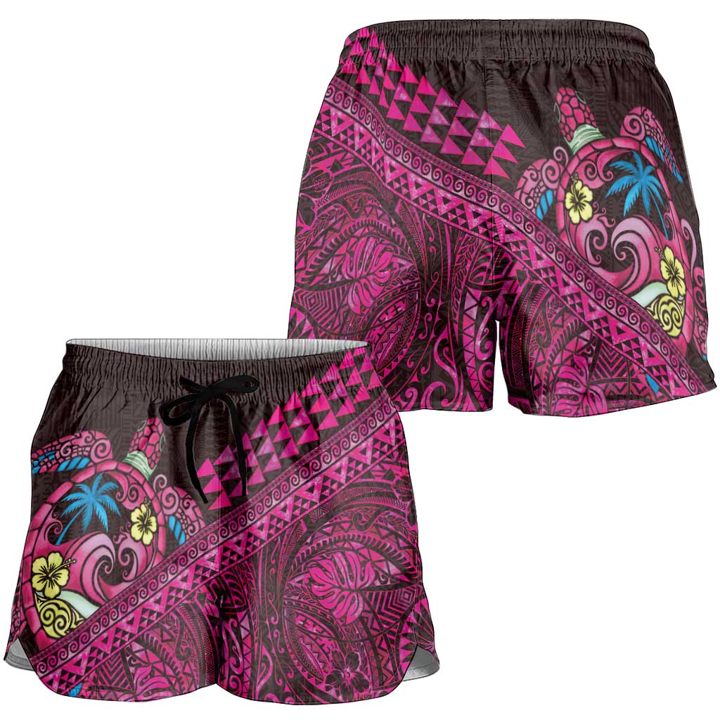 Hawaiian Abstract Sea Turtle Shorts for Women Polynesian Tapa Art and Kakau Tattoo Pink WaterColor LT03 - Polynesian Pride
